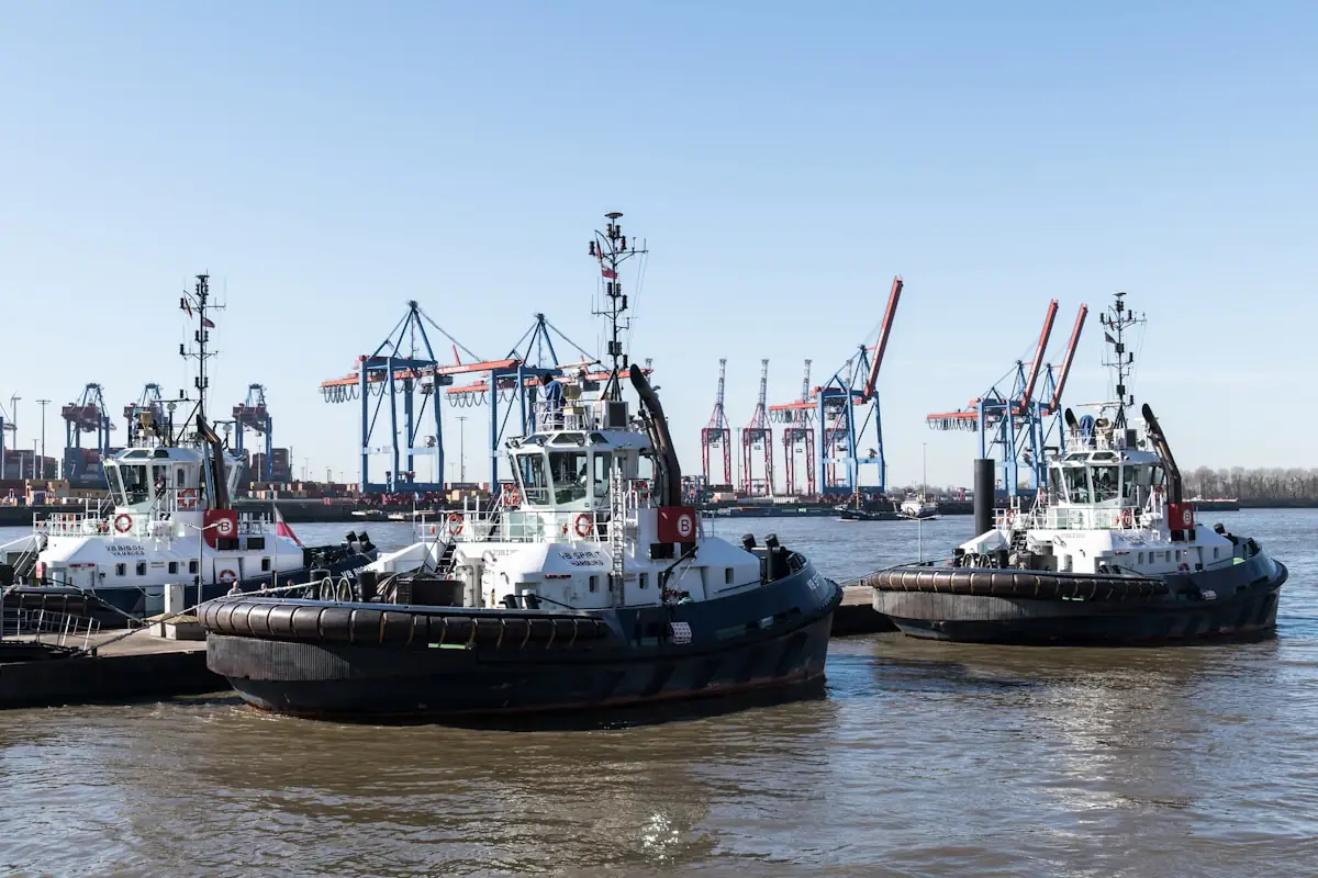 Schlepper und Containerbrücken in einem Seehafen — Symbolbild für Käufer aus dem Ausland